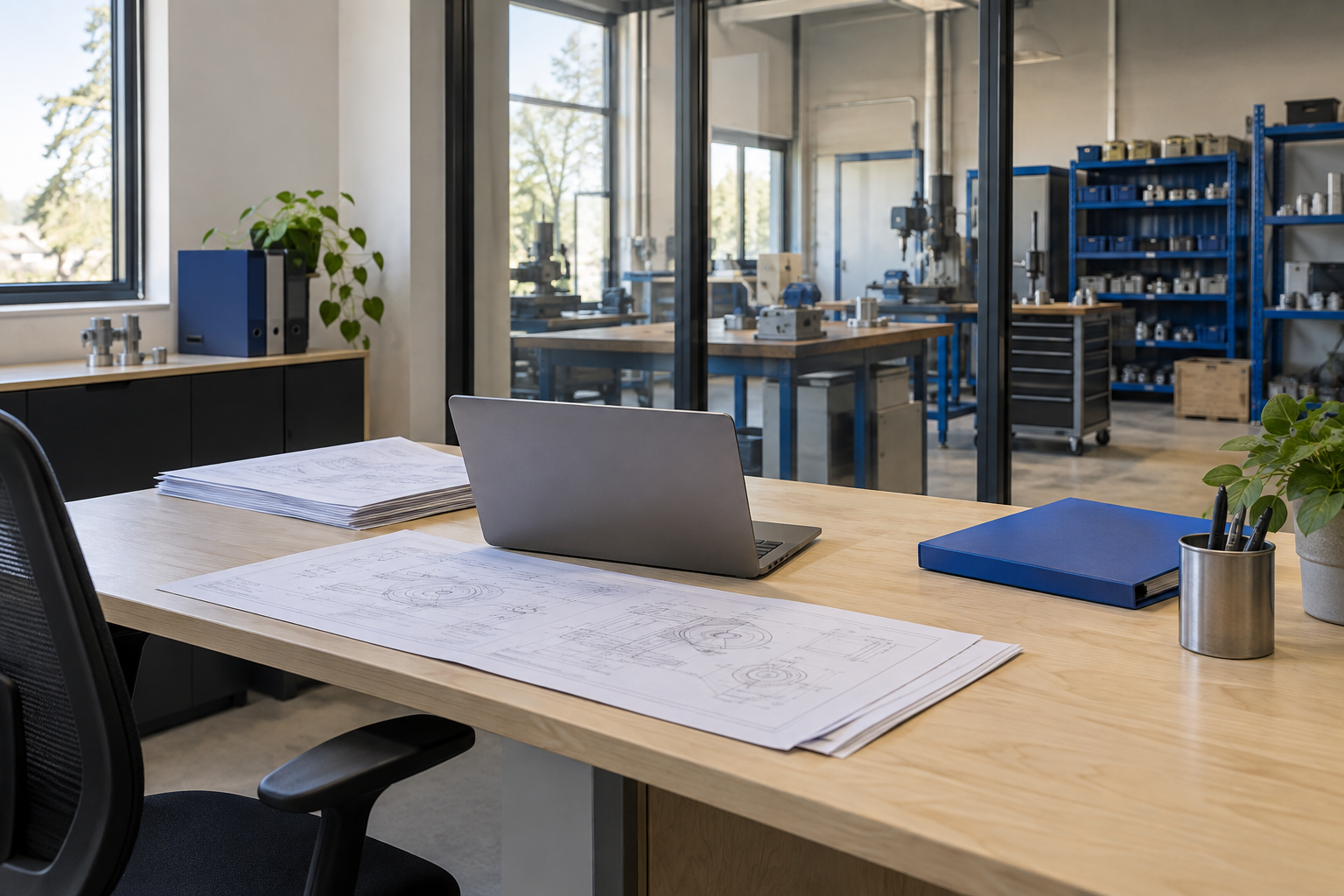 Technische werkplek met tekeningen en een laptop, naast een werkplaats